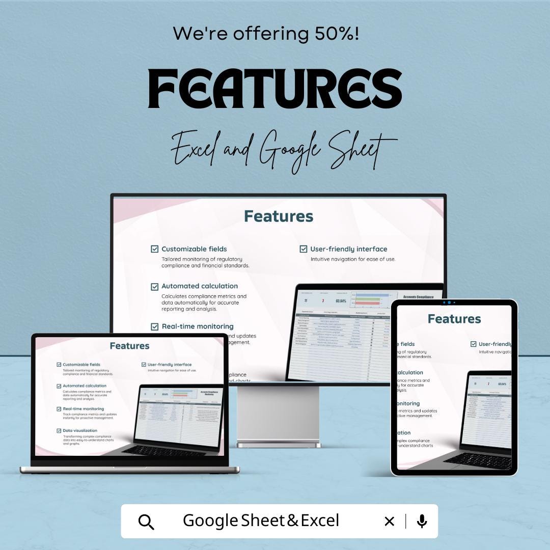 Accounts Compliance Monitoring Template, Finance Compliance Tracker, Audit Checklist Spreadsheet, Accounting Dashboard,