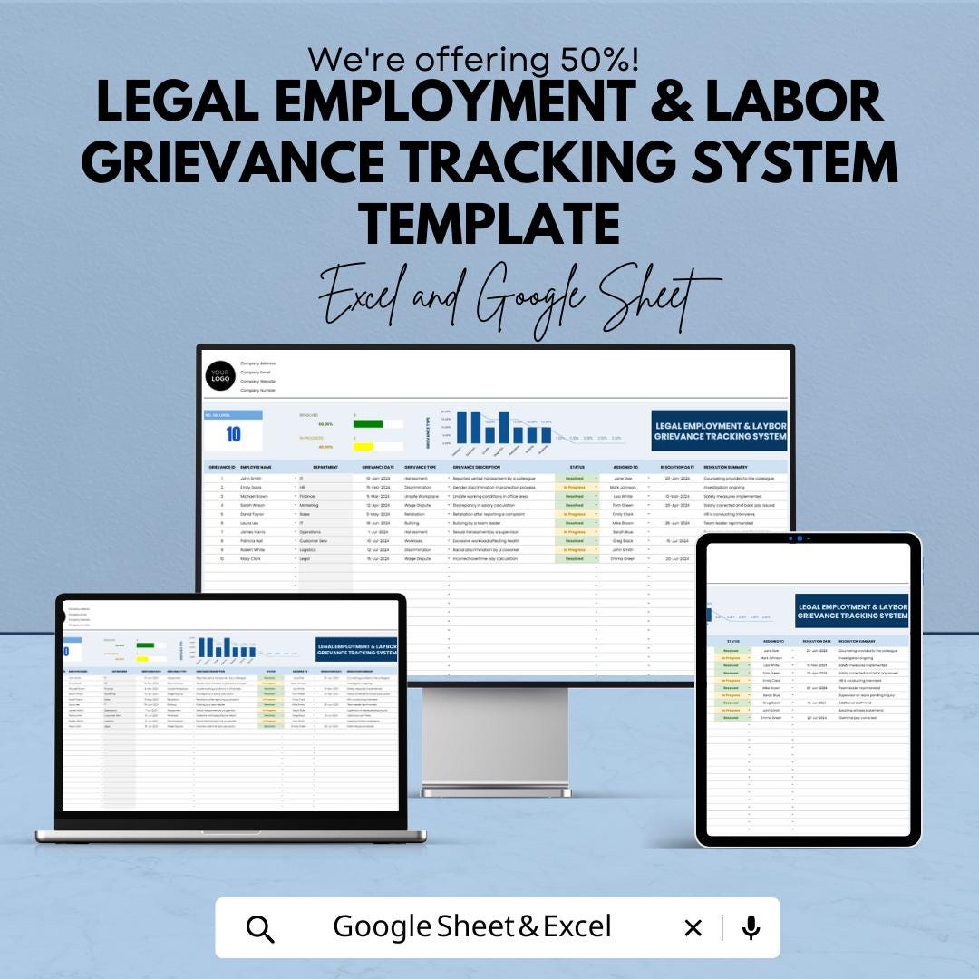 Legal Grievance Tracker Template, Employee Complaint Log, HR Case Management, Labor Dispute Tracker, HR Spreadsheet