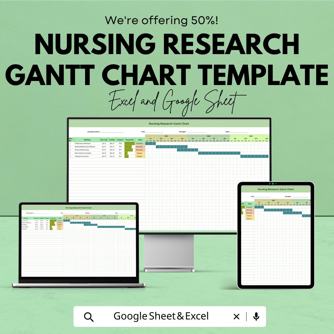 Nursing Research Gantt Chart Template | Research Timeline Planner | Nursing Project Schedule | Excel & Google Sheets