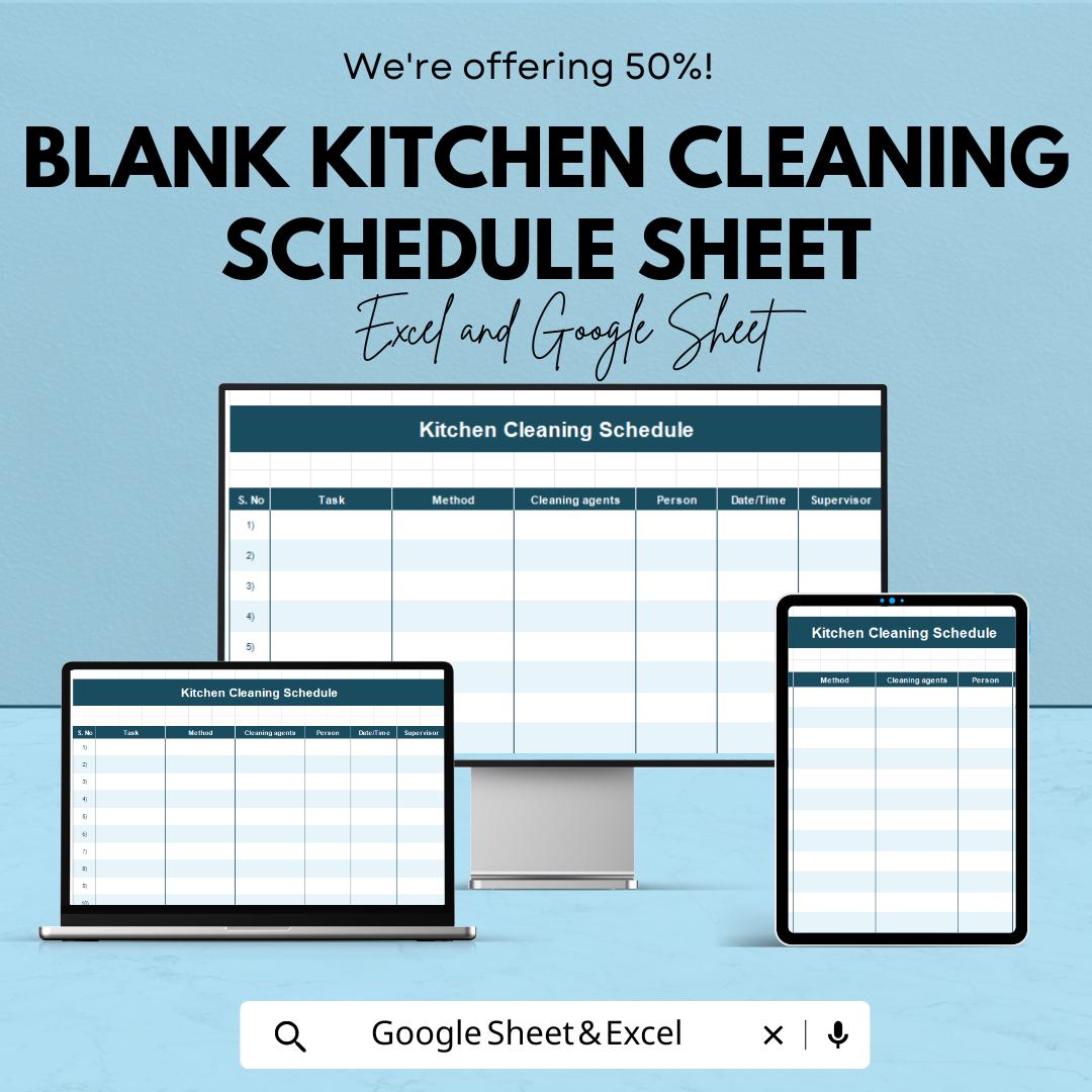 Blank Kitchen Cleaning Schedule Sheet | Task Management Template | Excel & Google Sheets | 50% Off