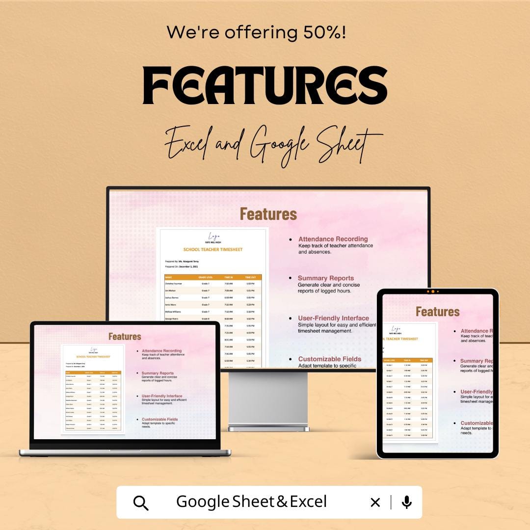 School Teacher Timesheet Template - Excel & Google Sheets - Teacher Work Hours Tracker - Daily Attendance Sheet - Customizable Time Log