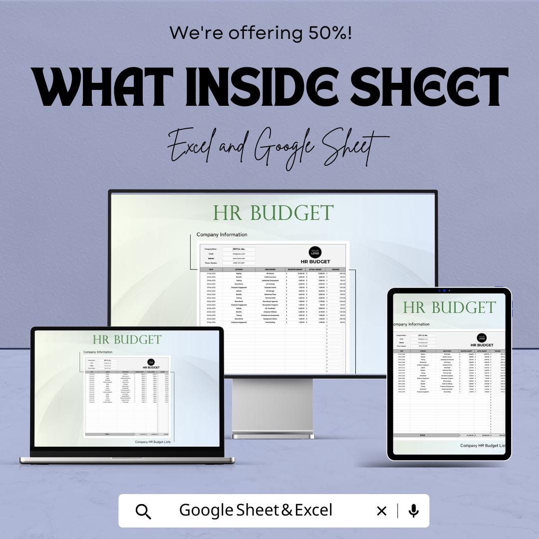 HR Budget Sheet | Excel & Google Sheets HR Budget Planner | Editable HR Expense Tracker | Business Financial Template