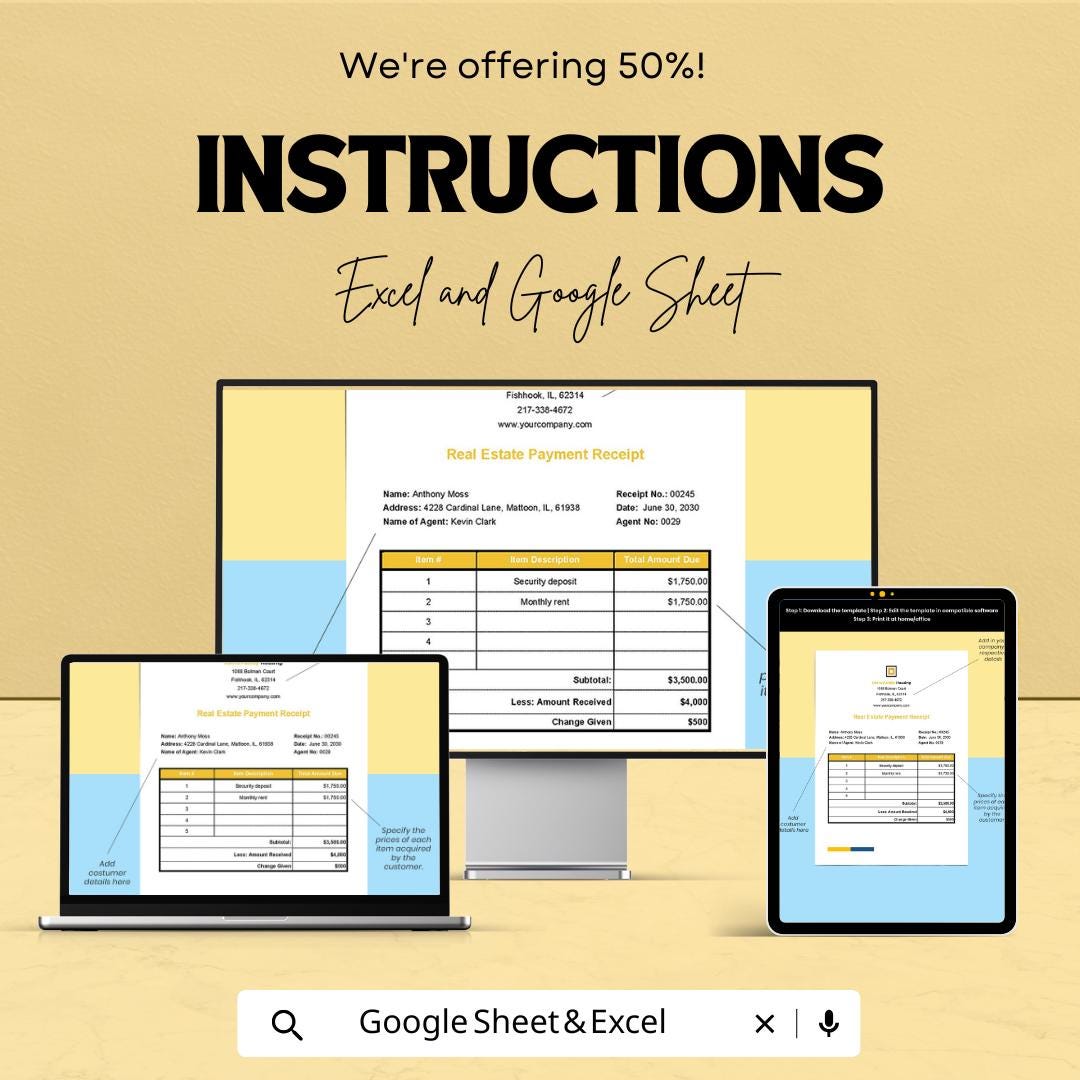 Real Estate Payment Receipt Sheet - Excel & Google Sheets Template | Track Payments and Transactions | 50% Off
