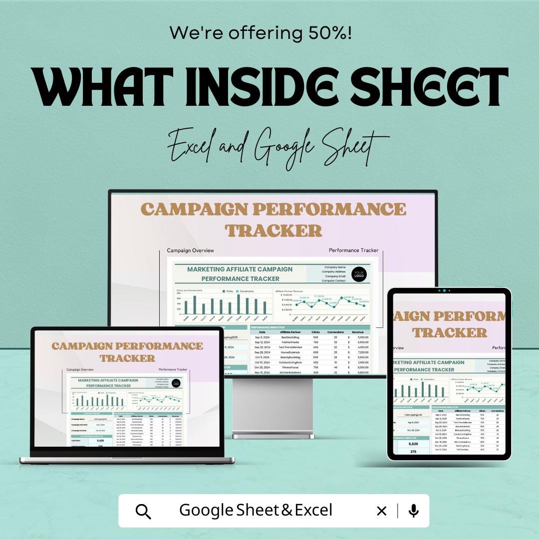 Marketing Affiliate Campaign Performance Tracker Sheet | Excel and Google Sheet | Track Affiliate Performance & ROI | Marketing Spreadsheet