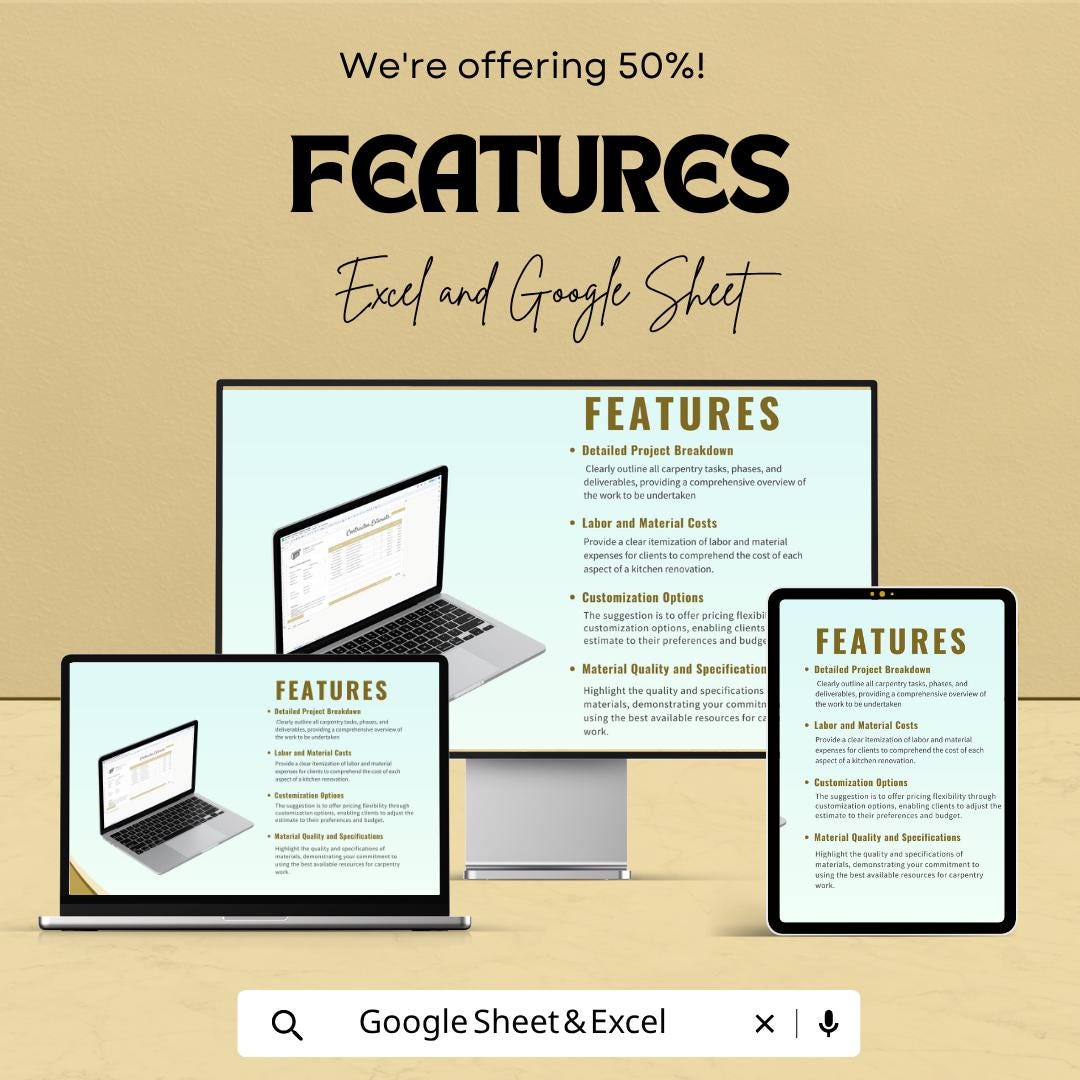 Carpentry Contractor Estimate Template | Construction Estimate Spreadsheet | Woodworking Quote Template | Excel & Google Sheets |