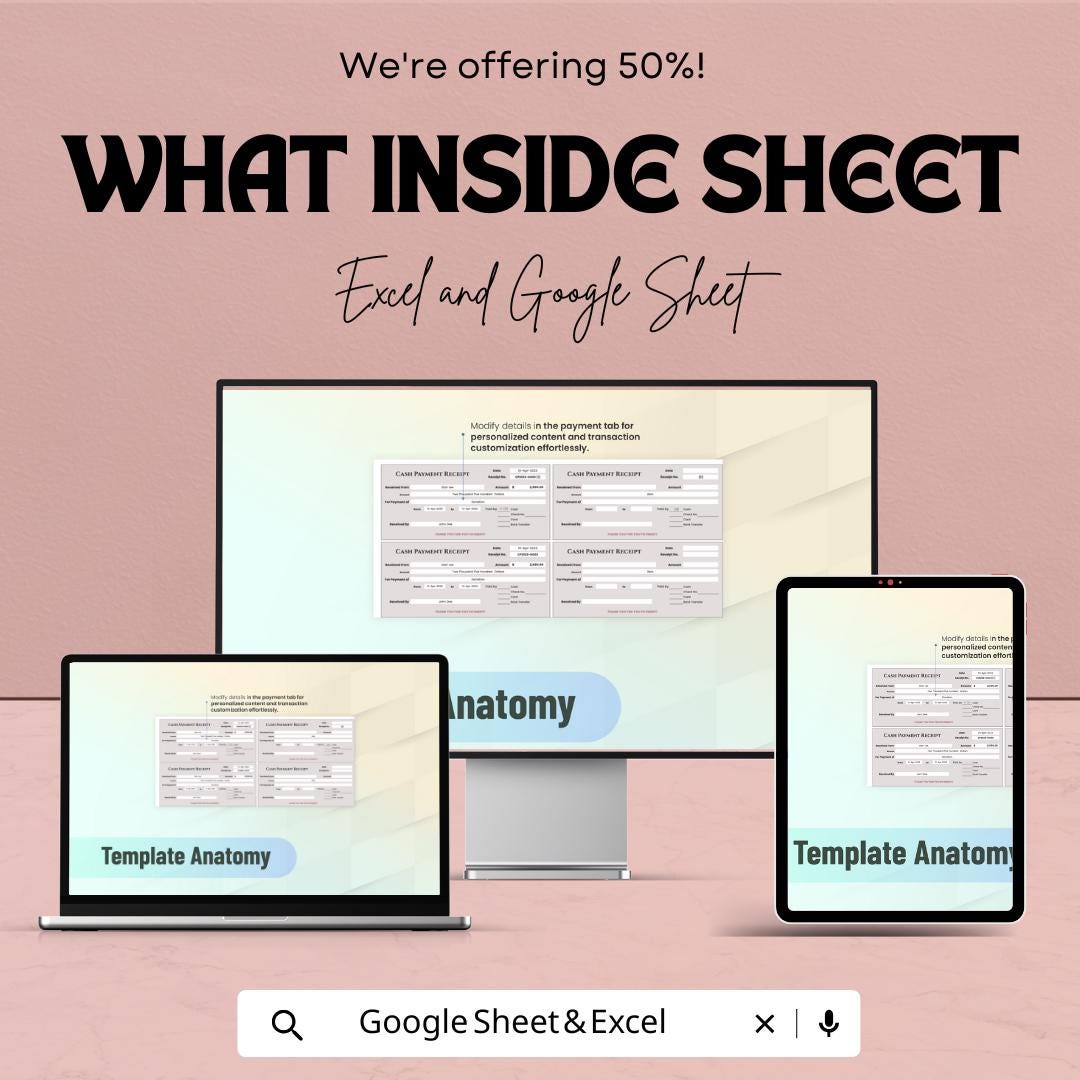 Cash Payment Receipt Template – Excel & Google Sheet – Financial Documentation, Proof of Payment, Transaction Record – Editable Template