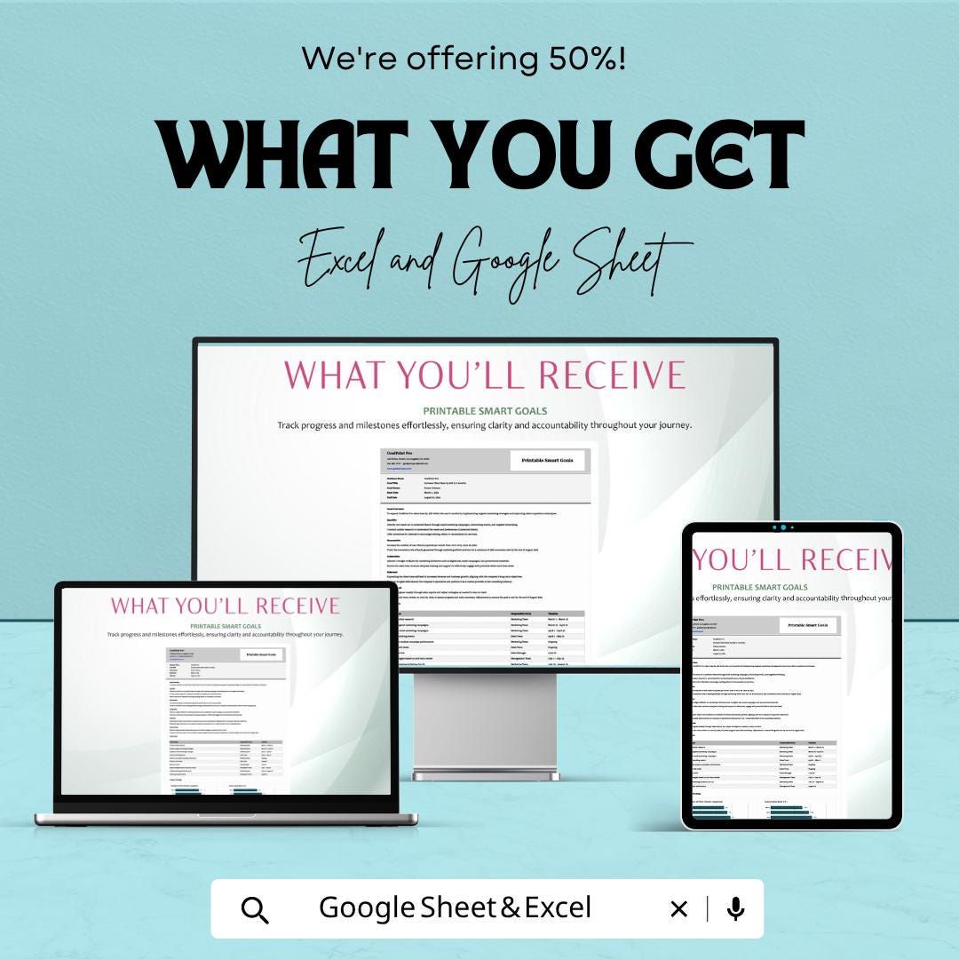 Printable SMART Goals Template | Goal Setting Worksheet | Goal Planner Spreadsheet | Productivity Planner