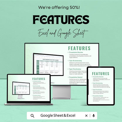 Sales Presentation Topic Planner Sheet – Excel and Google Sheets | Sales Presentation Organizer | Topic Brainstorming & Scheduling Template