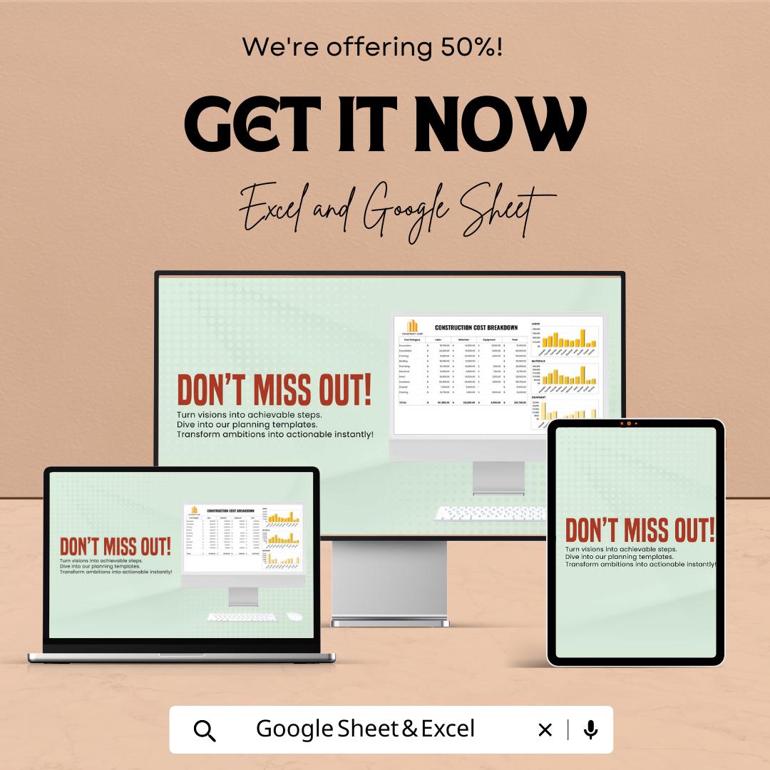 Construction Cost Breakdown Template Excel & Google Sheets | Construction Budget Spreadsheet | Project Cost Estimator