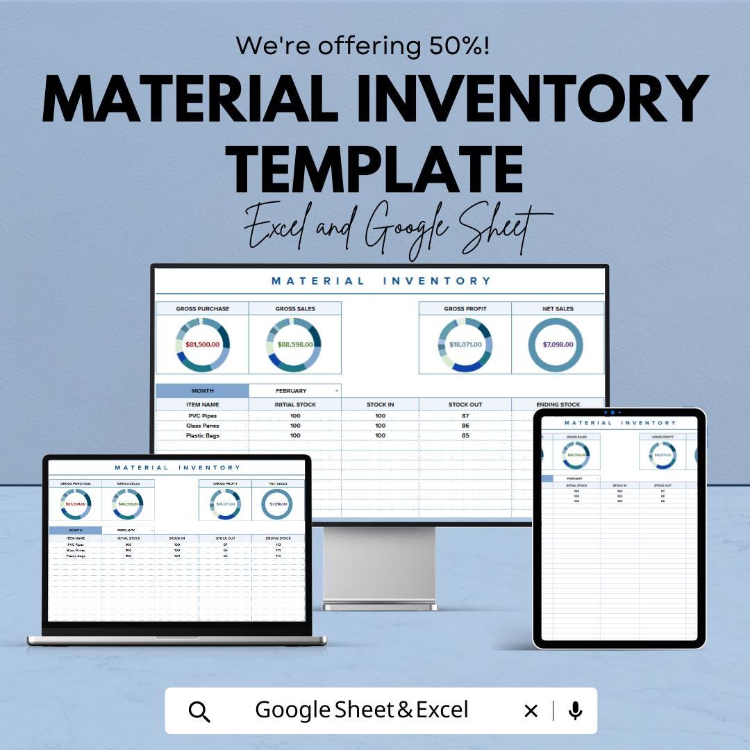 Material Inventory Template | Excel & Google Sheets Material Tracker | Stock Management Spreadsheet | Raw Material Inventory Log