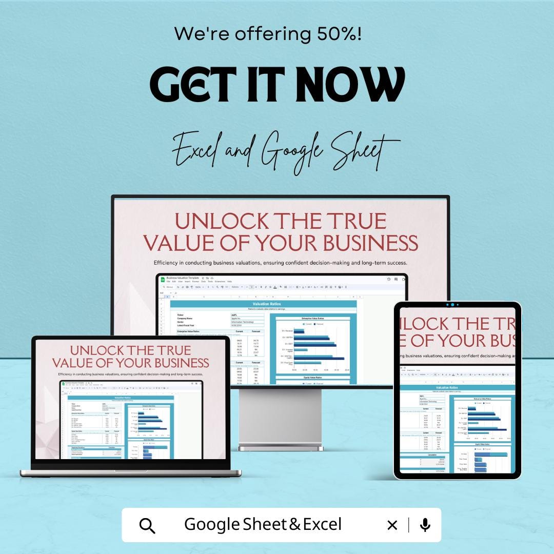 Business Valuation Sheet | Excel and Google Sheets | Financial Metrics Tracker | Business Worth Calculator | Valuation Ratios & Analysis