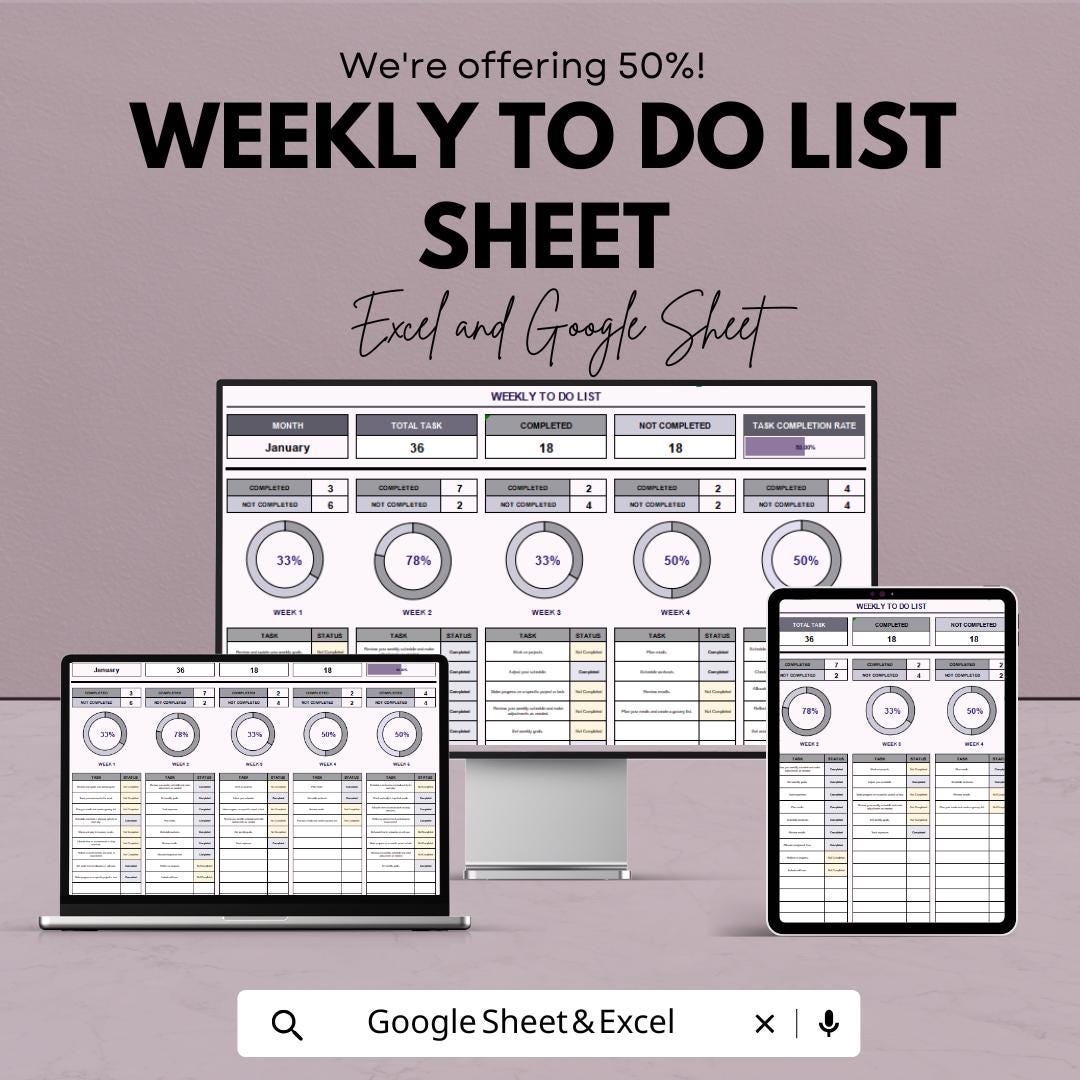 Weekly To Do List Sheet - Google Sheets Template for Task Organization, Prioritize Weekly Tasks, Productivity Tracker, Task Completion Rate
