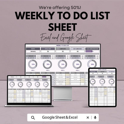 Weekly To Do List Sheet - Google Sheets Template for Task Organization, Prioritize Weekly Tasks, Productivity Tracker, Task Completion Rate