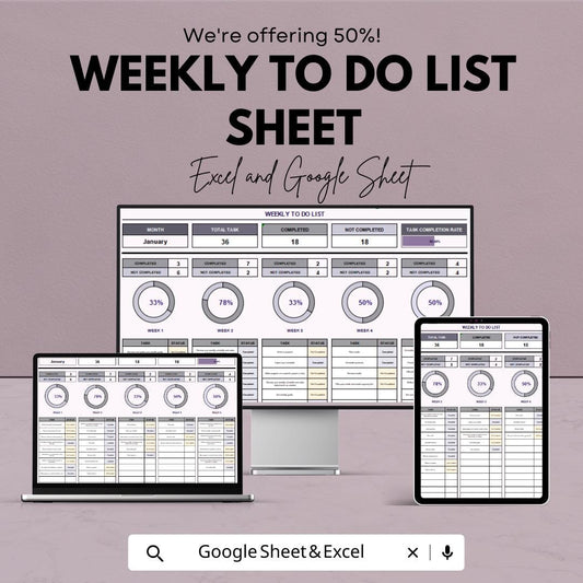Weekly To Do List Sheet - Google Sheets Template for Task Organization, Prioritize Weekly Tasks, Productivity Tracker, Task Completion Rate
