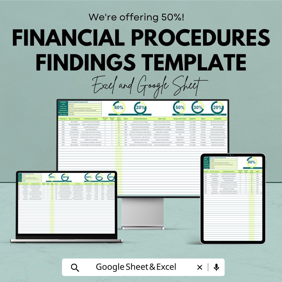Financial Procedures Findings Template | Excel & Google Sheets Findings Report | Financial Review Summary Sheet | Audit Findings Tracker