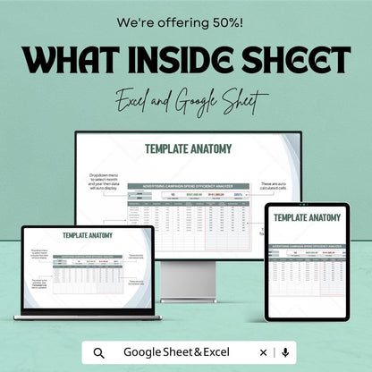 Advertising Campaign Spend Efficiency Analyzer Template | Marketing ROI Tracker | Ad Budget Planner | Campaign Performance Dashboard