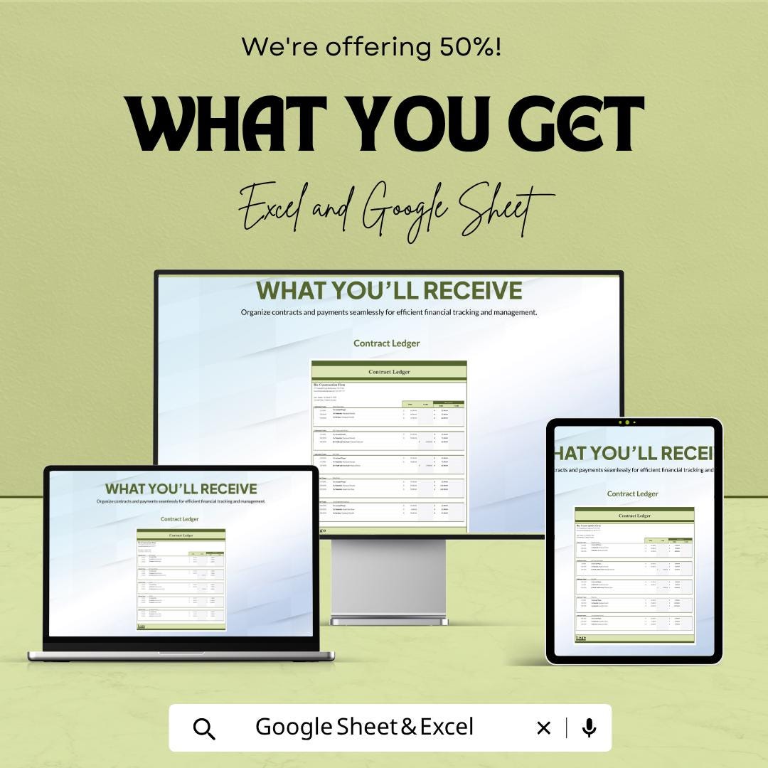 Contract Ledger Template | Excel Contract Accounting Spreadsheet | Google Sheets Financial Tracker | Contractor Payment Ledger |