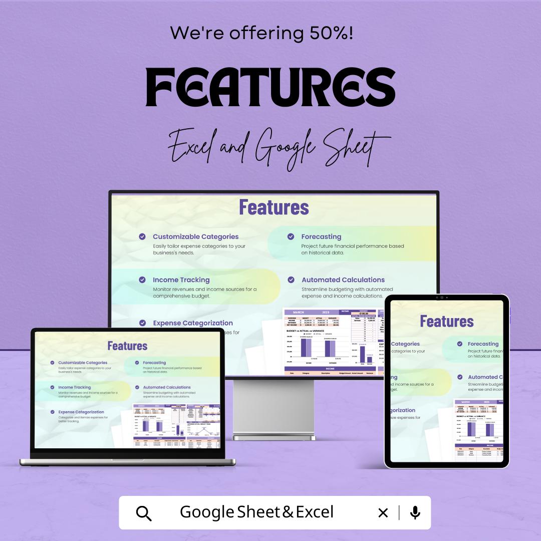Business Budget Sheet - Excel and Google Sheet Template for Financial Planning, Income & Expense Tracker, Budgeting and Expense Analysis