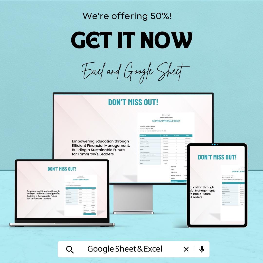 University Internal Budget Sheet | Monthly Budget Planner | Financial Planning Template for Universities | Excel & Google Sheets