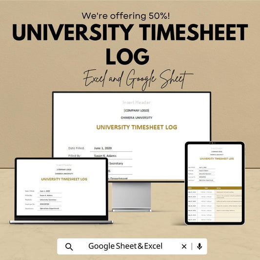 University Timesheet Log Sheet - Google Sheets for Employee Time Tracking - Editable Log for Work Hours & Attendance - Easy Timesheet