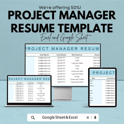 Project Manager Resume Template | Professional Resume Template | Editable Spreadsheet Resume | Modern CV Format