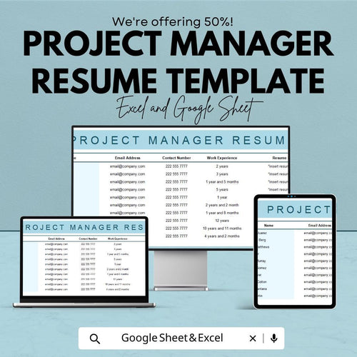 Project Manager Resume Template | Professional Resume Template | Editable Spreadsheet Resume | Modern CV Format