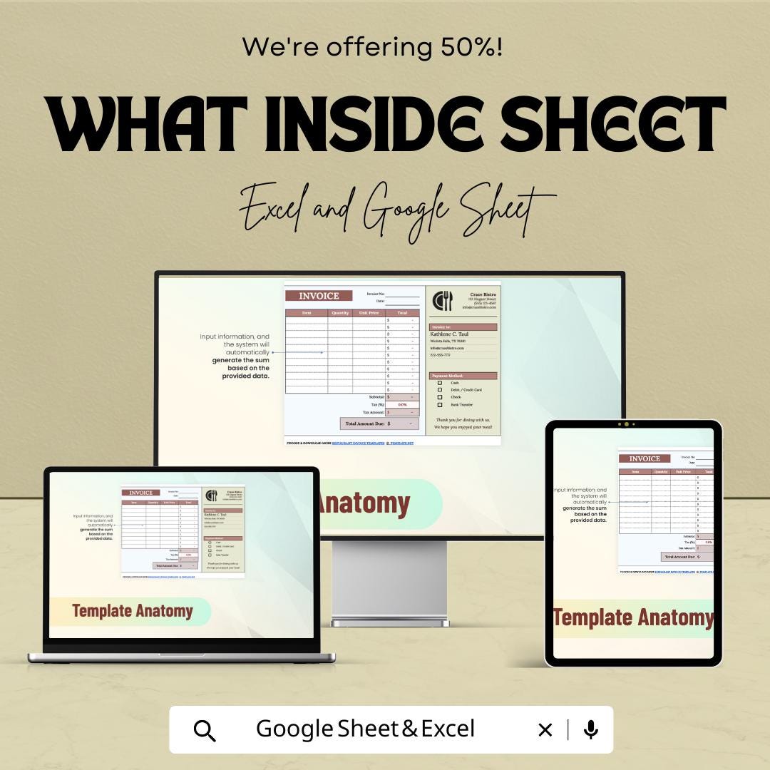 Blank Restaurant Invoice Template - Excel and Google Sheets | Customizable Billing | Tax & Payment Method Integration