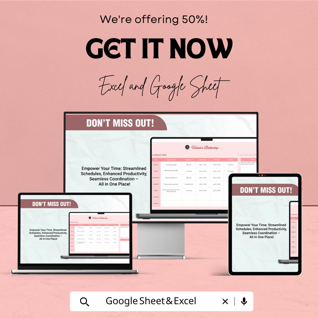 Schedule Table Sheet | Task Management and Appointment Scheduler | Excel & Google Sheets | 50% Off