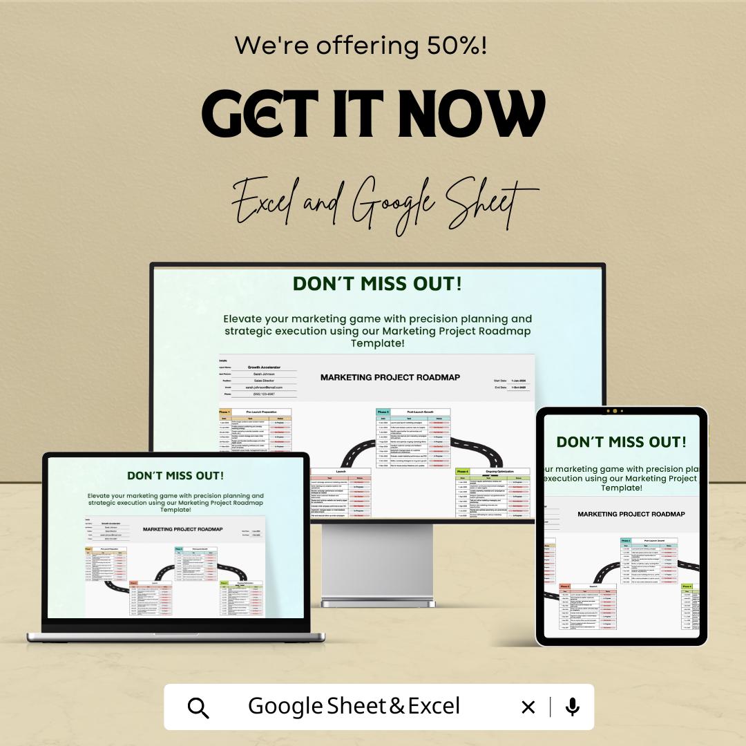 Marketing Project Roadmap Sheet | Excel & Google Sheets Template | Campaign Planning, Goal Setting, Milestone Tracking | 50% Off