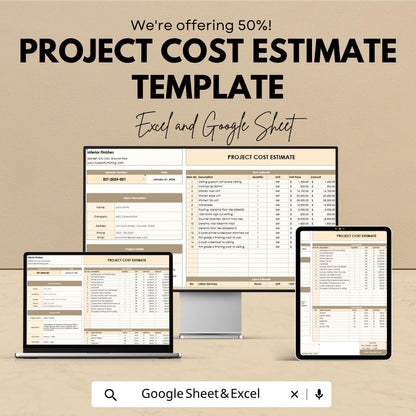 Project Cost Estimate Template | Cost Estimator Spreadsheet | Project Budget Planner | Construction Estimate | Excel & Google Sheets |