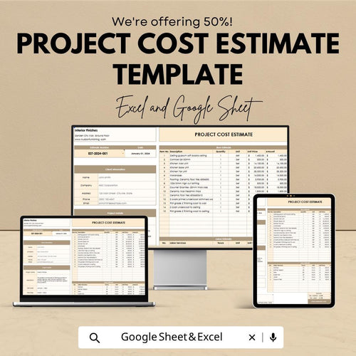 Project Cost Estimate Template | Cost Estimator Spreadsheet | Project Budget Planner | Construction Estimate | Excel & Google Sheets |