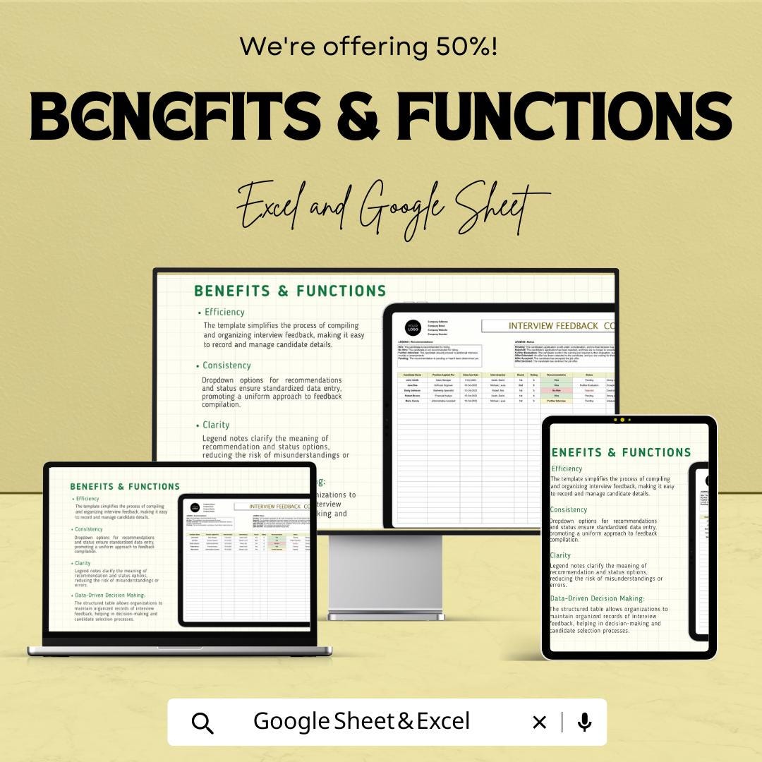 Interview Feedback Compilation HR Template,  Candidate Evaluation Spreadsheet, Hiring Tracker, Recruitment Feedback Log