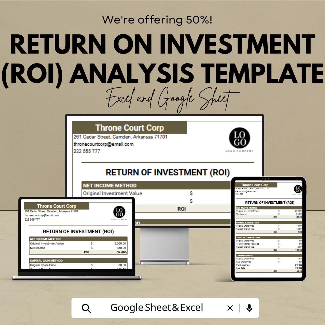 Return On Investment ROI Analysis Template | Excel & Google Sheets ROI Calculator | Investment Analysis Spreadsheet | Profit Tracking Tool