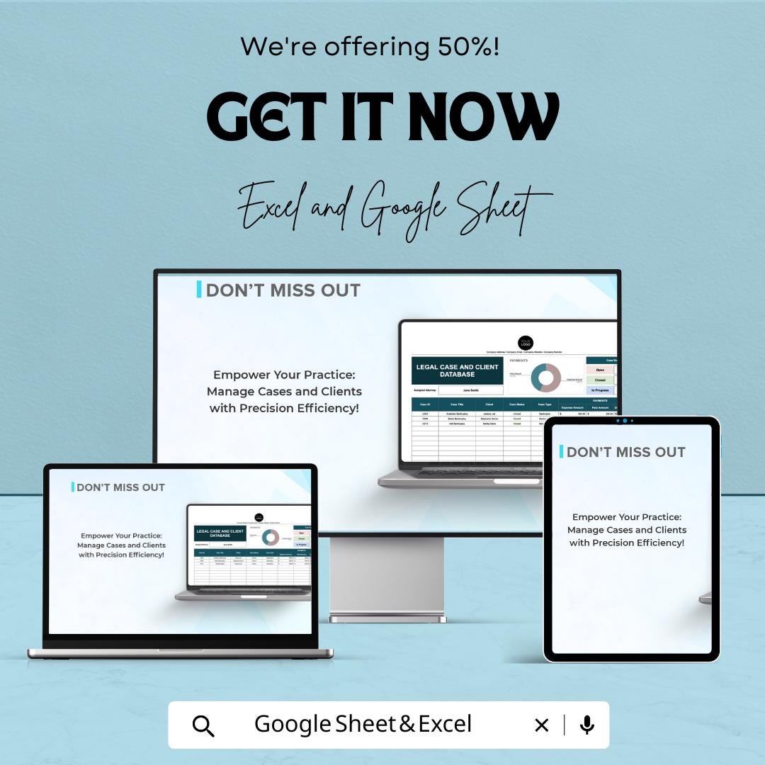 Legal Case and Client Database Template, Law Firm Case Tracker, Attorney Client Management Spreadsheet, Legal Organizer, Excel Google Sheets