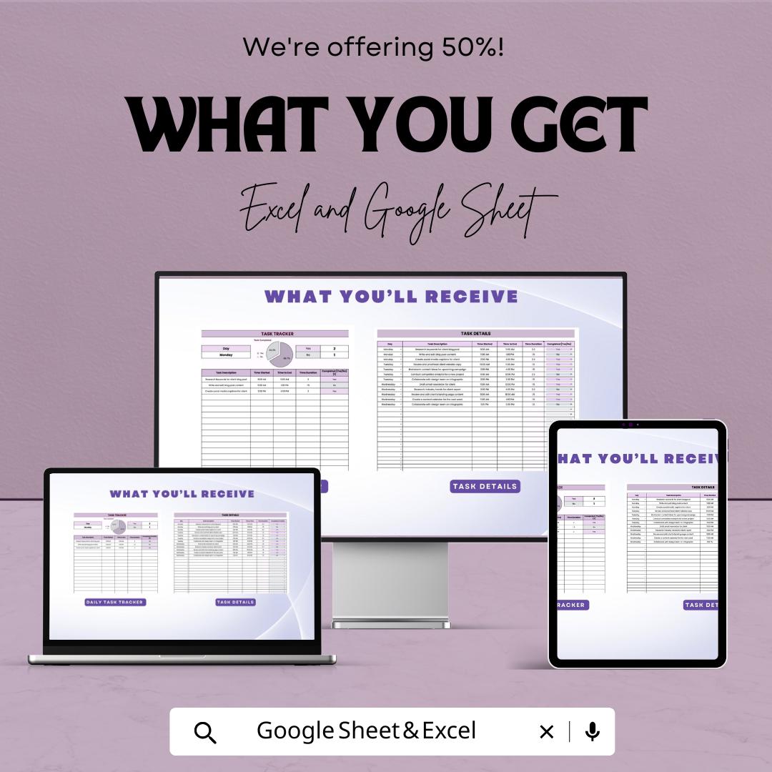 Daily Task Tracker Sheet - Task Management Template | Excel and Google Sheet | Get Organized & Stay Productive | Printable Checklist