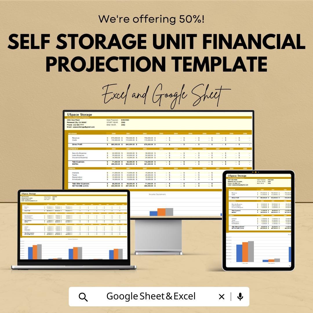 Self Storage Unit Financial Projection Template | Storage Business Forecast | Revenue & Expense Model | Financial Planning Spreadsheet