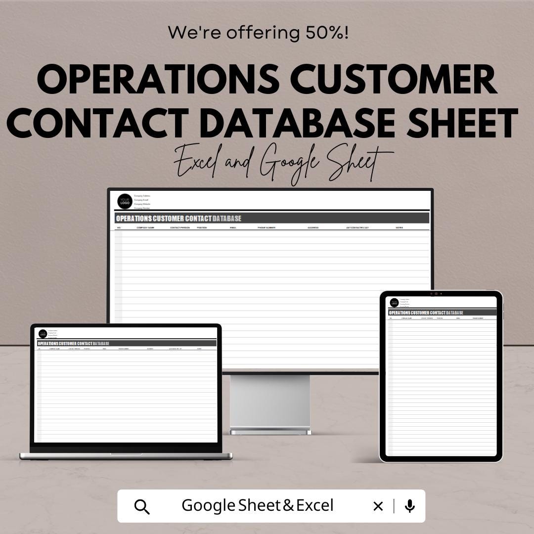 Operations Customer Contact Database Sheet | Excel and Google Sheets | Organize & Manage Customer Info | Customizable | Instant Download