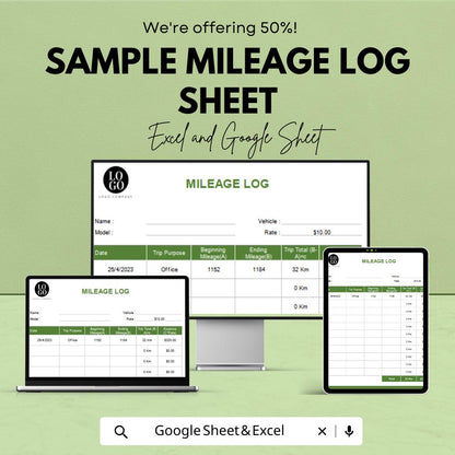 Sample Mileage Log Sheet | Excel and Google Sheets Template | Track Mileage, Trip Purpose, & Expenses | Travel Reimbursement Log