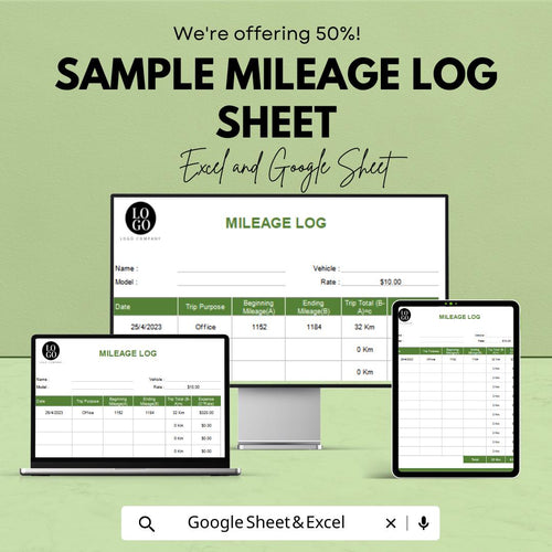 Sample Mileage Log Sheet | Excel and Google Sheets Template | Track Mileage, Trip Purpose, & Expenses | Travel Reimbursement Log