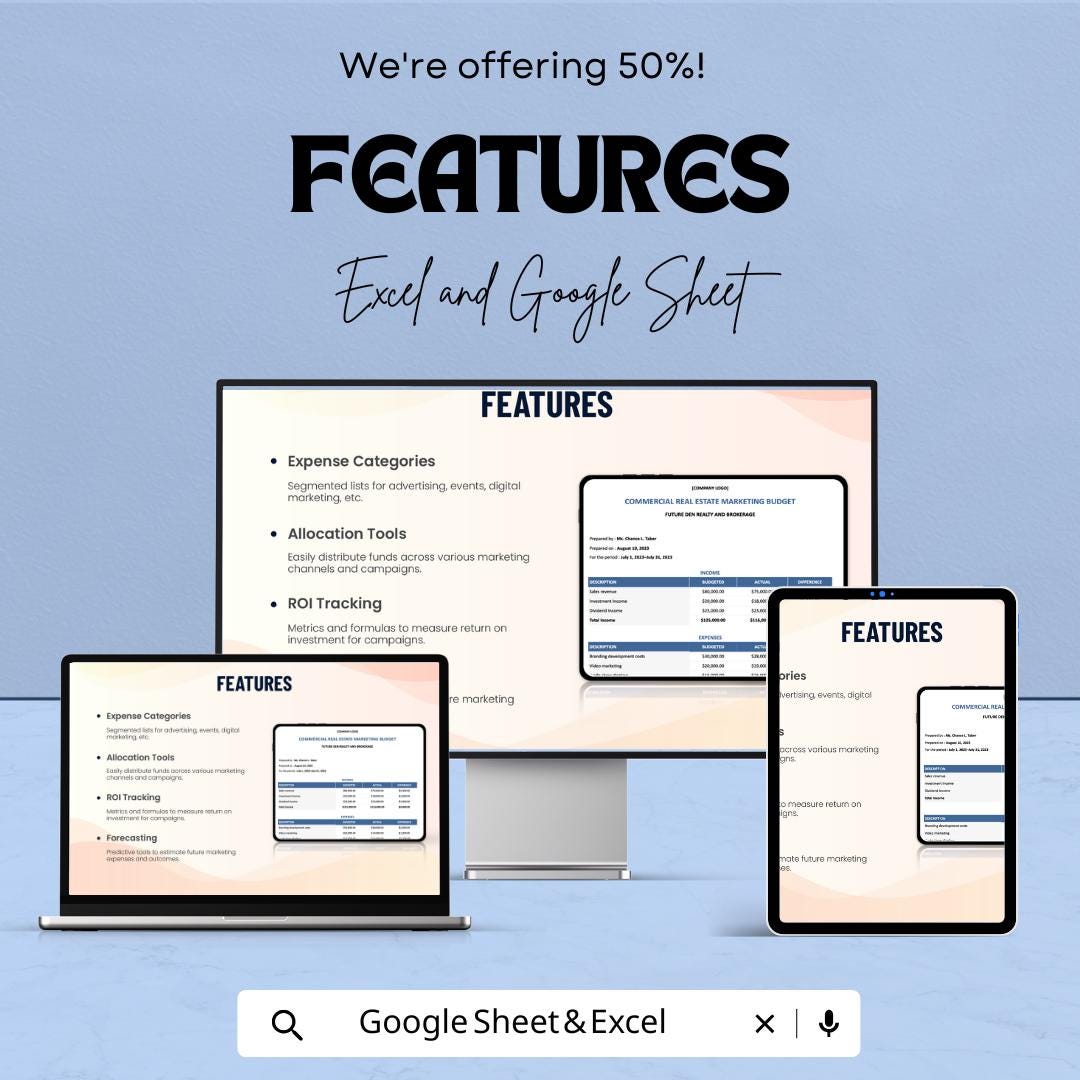 Commercial Real Estate Marketing Budget Template | Real Estate Marketing Planner | ROI Tracker | Business Expense Spreadsheet