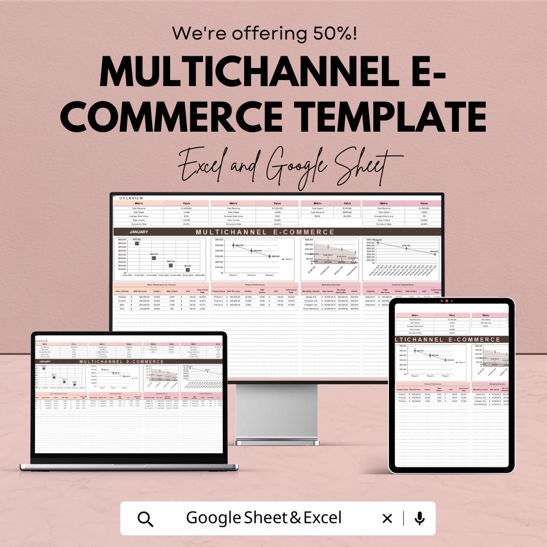 Multichannel E-commerce Dashboard Template, Online Store Sales Tracker, Excel & Google Sheets E-commerce Analytics Spreadsheet