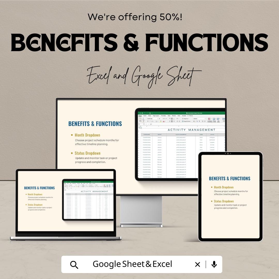 Internship Project Plan Sheet | Excel & Google Sheets Template | Internship Tracking | Activity Management Template | Project Plan Template