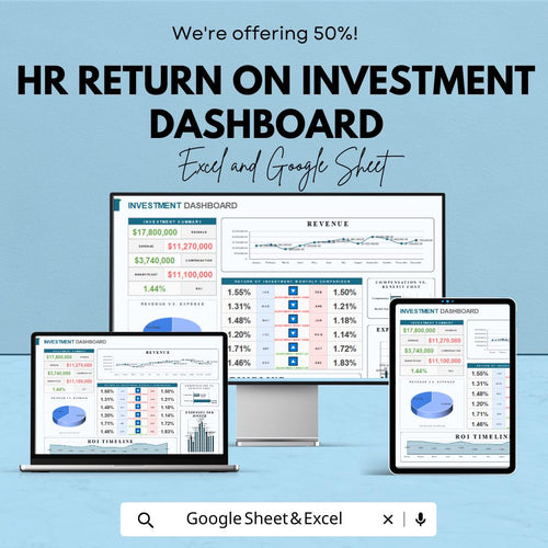 HR Return on Investment Dashboard - Excel and Google Sheet - Track HR Performance & Investment Efficiency - Employee Data Analytics Template