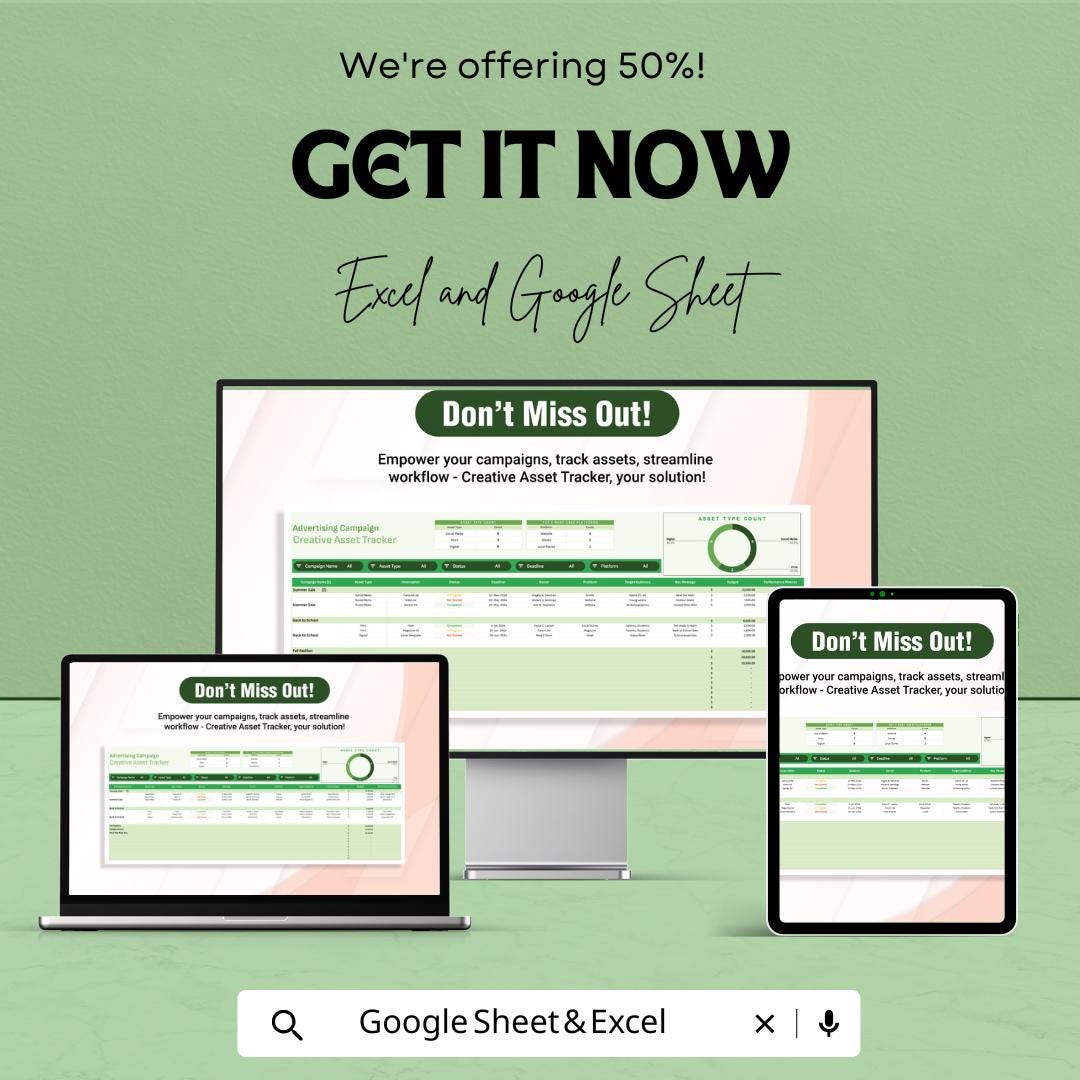 Advertising Campaign Tracker, Creative Asset Tracker Template, Marketing Content Planner, Campaign Management Spreadsheet