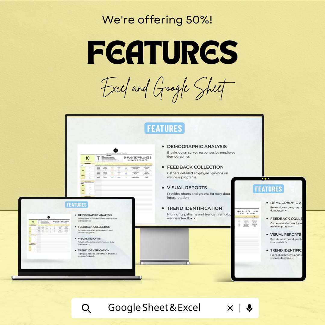 Employee Wellness Survey Results Template | HR Wellness Survey Analysis | Excel and Google Sheets | Employee Feedback & Wellbeing Tracker