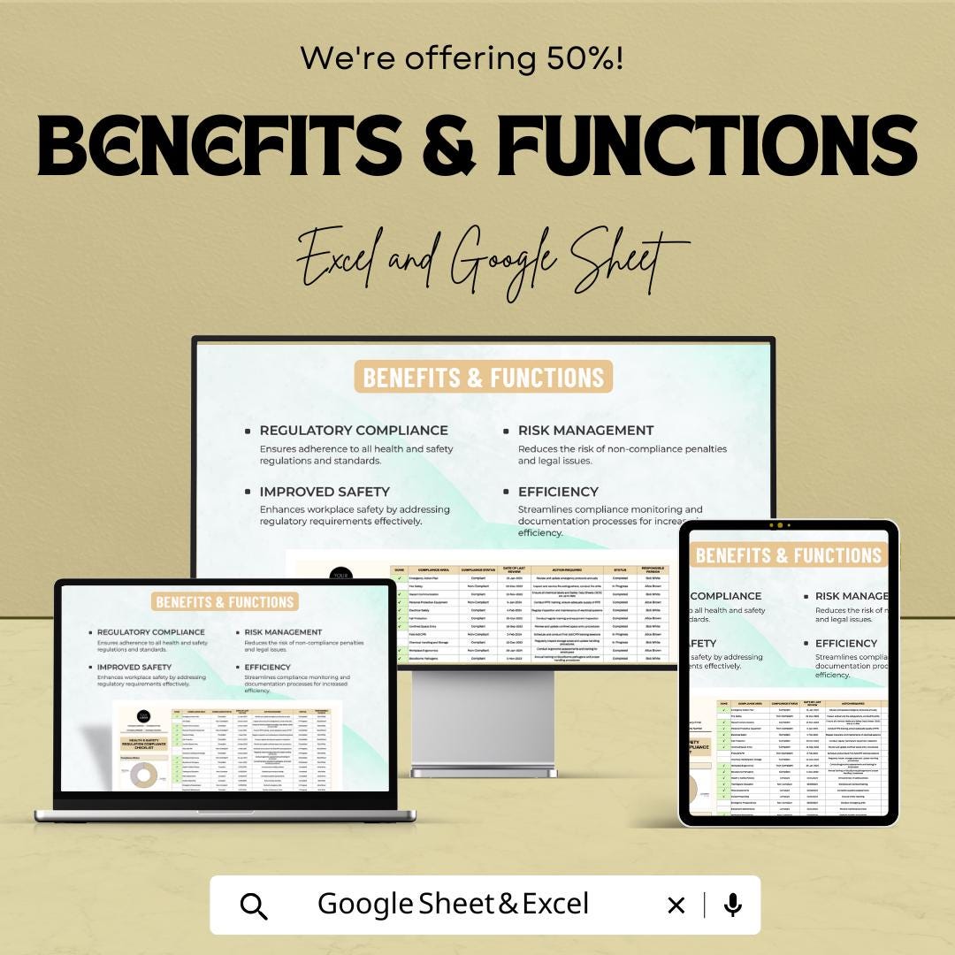 Health & Safety Regulation Compliance Checklist Sheet | Excel and Google Sheets | OSHA Compliance, Workplace Safety