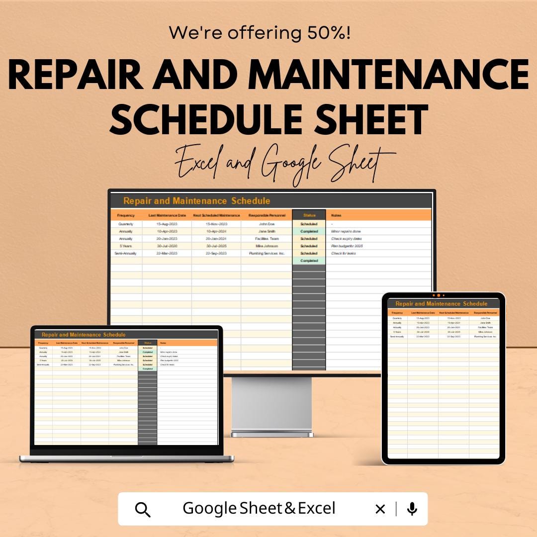 Repair and Maintenance Schedule Sheet | Excel and Google Sheets Template | Task Planning, Equipment Maintenance & Resource Allocation |