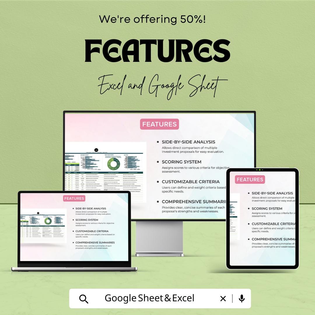 Startup Investment Proposal Comparison Sheet | Google Sheets & Excel | Investment Tracker | Proposal Scorecard | Startup Analysis Tool