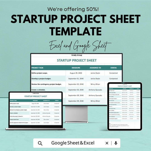 Startup Project Sheet Template | Project Tracking Spreadsheet | Task Management Sheet | Project Management Template | Excel & Google Sheets