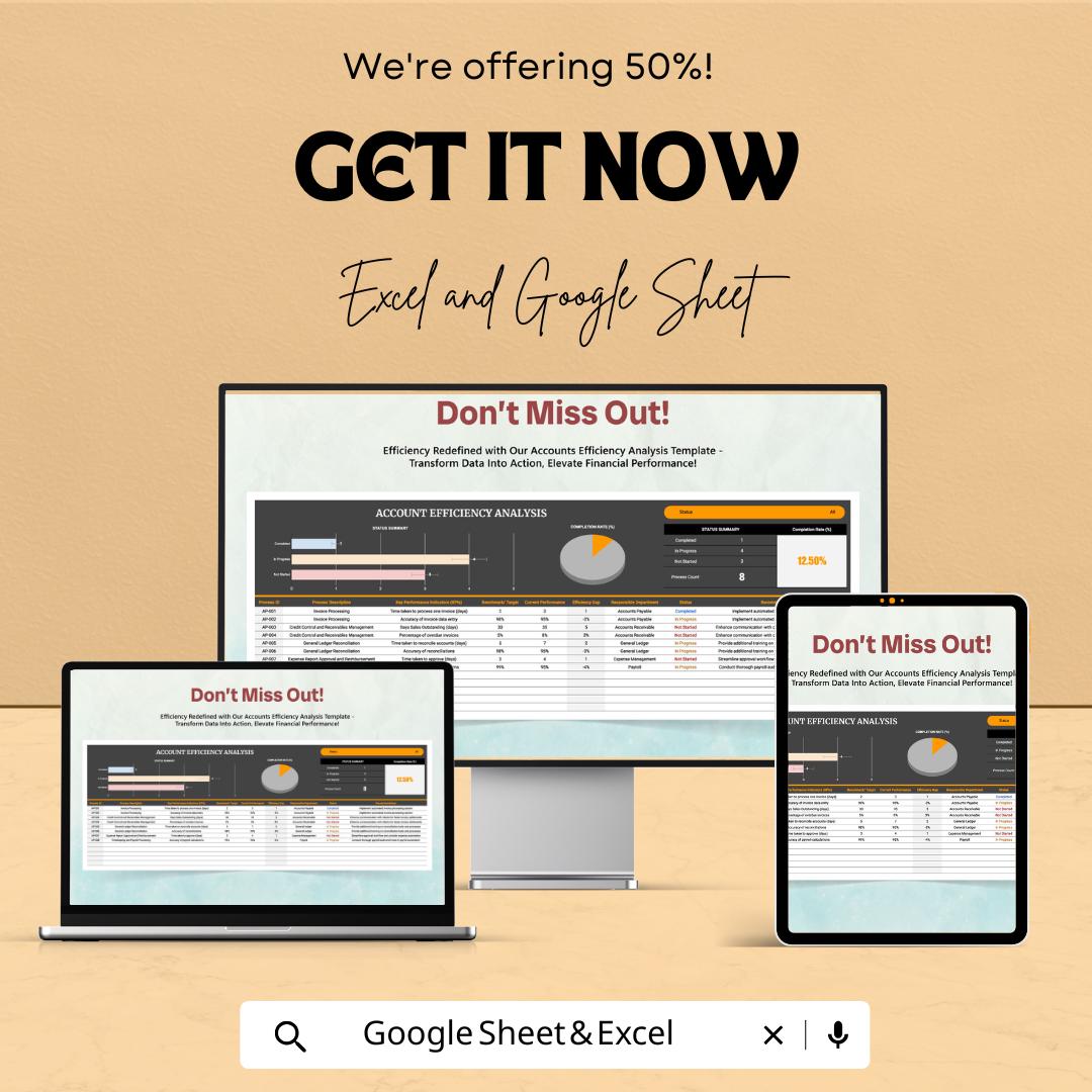 Accounts Efficiency Analysis Template | Financial Performance Dashboard | Accounting KPI Tracker | Excel & Google Sheets